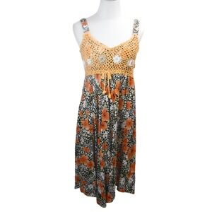 Hattakarm Floral Crochet Bodice Midi Dress Orange Black Boho Smocked Back Sz S/M